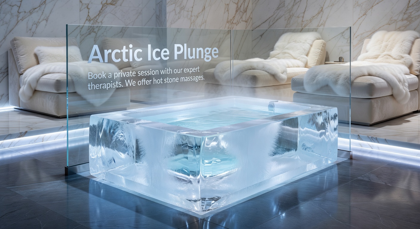 Crystal clear ice plunge bath in a luxury spa setting