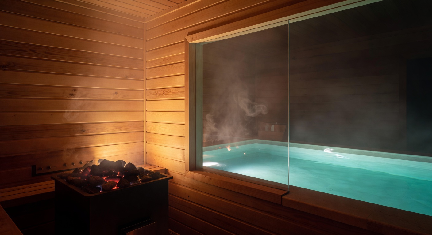 Glowing wood interior of a traditional Finnish sauna