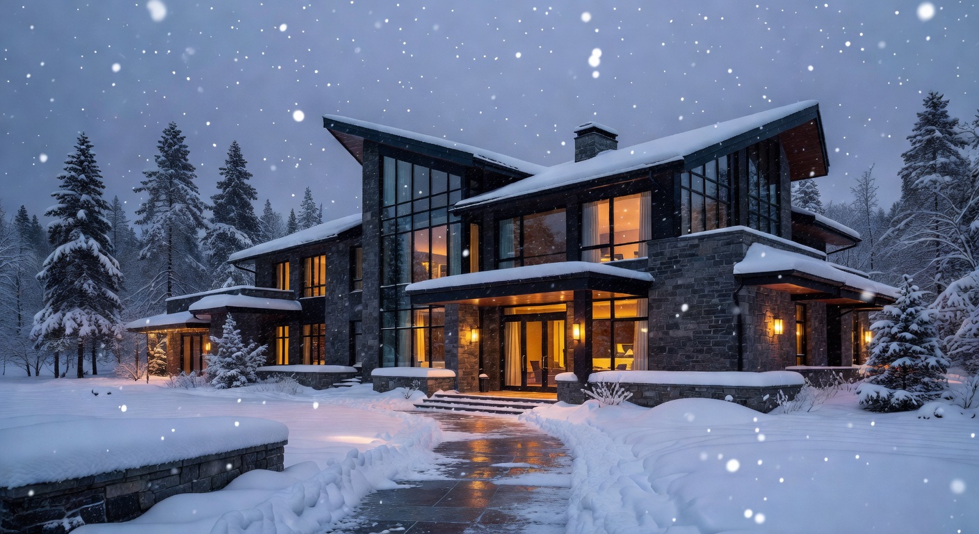 Stunning exterior of Questlaunchtimes hotel in winter snow